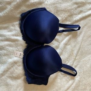 Talbots Lightly Padded Lace Trim Underwire Bra 36DD Navy Blue B395